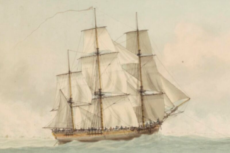 Painting by Samuel Atkins of the HMS <em>Endeavour</em> off the coast of New Holland during Cook’s voyage of discovery (1768-1771). “><figcaption class=