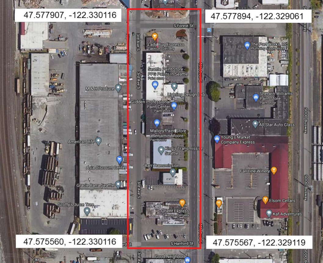 Image showing a city block in Seattle with boundary box containing warrant coordinates