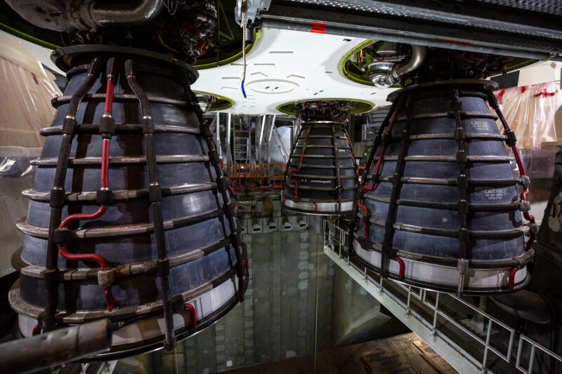 The Space Launch System main engines are seen in High Bay 3 of the Vehicle Assembly Building at NASA’s Kennedy Space Center on Jan. 10, 2022.