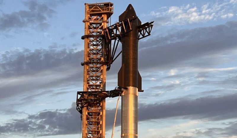 A fully stacked Starship and Super Heavy rocket on Thursday morning in South Texas.