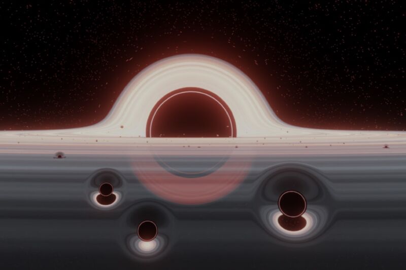 Illustration of a swarm of smaller black holes in a gas disk rotating around a giant black hole.