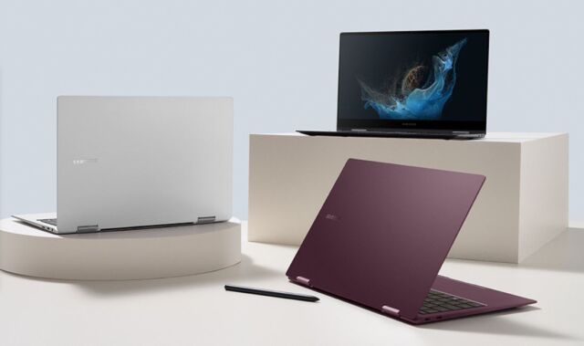 The Book2 Pro 360 laptops (pictured) come in silver, graphite, or burgundy with 500-nit HDR screens.