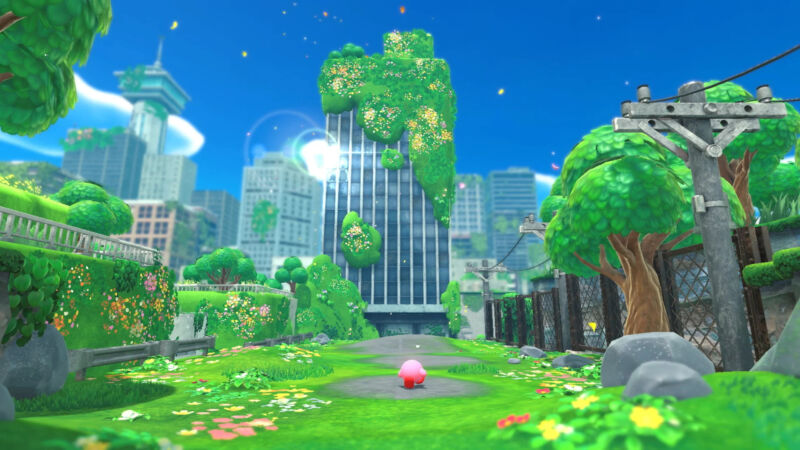 Don't let this image fool you—<em>Kirby</em>‘s 3D adventure is far from an open-world game.”><figcaption class=