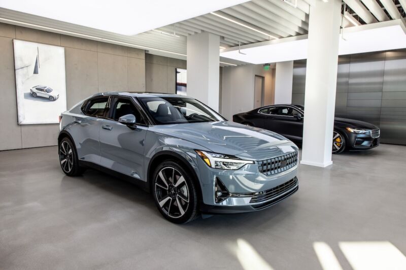 A Polestar 2 (foreground) and a Polestar 1 (background) at Polestar's showroom in Marin County, California.