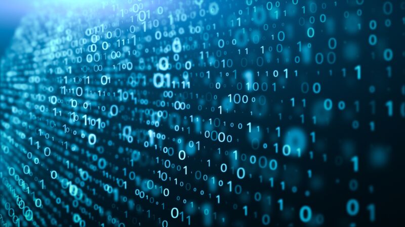 Illustration of binary code showing many ones and zeroes.