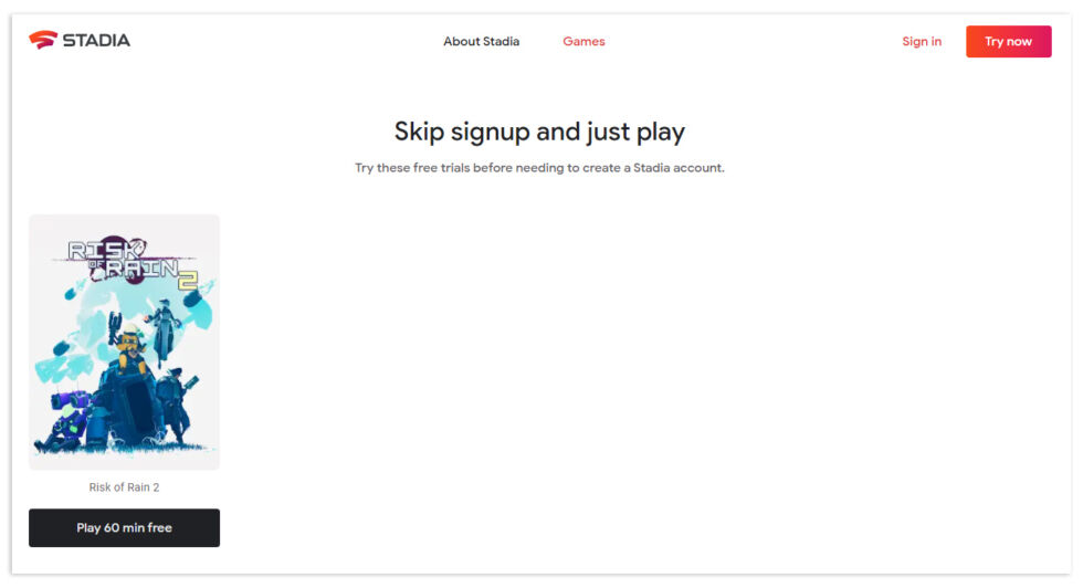 Stadia's weirdly empty account-free demo page. It doesn't quite work yet but should in "the coming weeks."