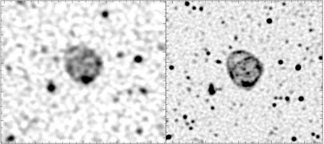 (Left) The original discovery of ORC1 in the Evolutionary Map of the Universe (EMU) science survey team's ASKAP radio telescope data. (Right) The follow-up observation of ORC1 with the MeerKAT radio telescope.