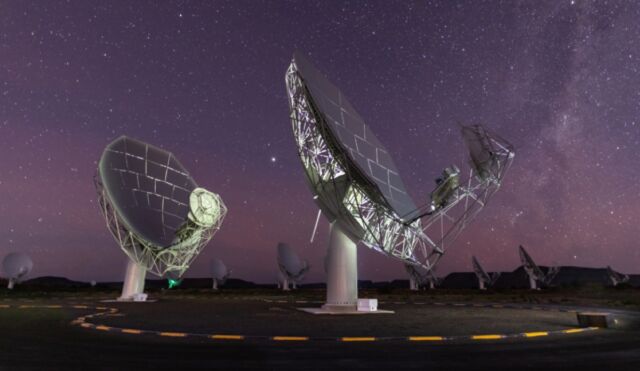 Fifteen of the MeerKAT radio telescope’s 64 dishes beneath a star-filled sky in the Karoo, South Africa. 