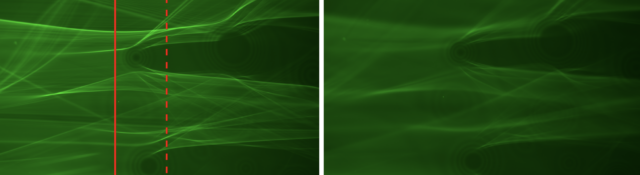 The flow of light in a soap film. The picture on the right is for conditions under which interference matters. The picture on the left is for conditions where interference is not important. 