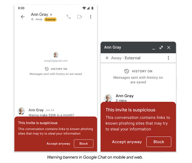 Warning labels about suspicious links in Google Chat