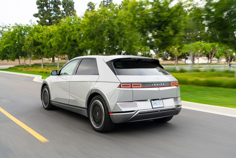 A Hyundai Ioniq 5 on the road, seen from behind