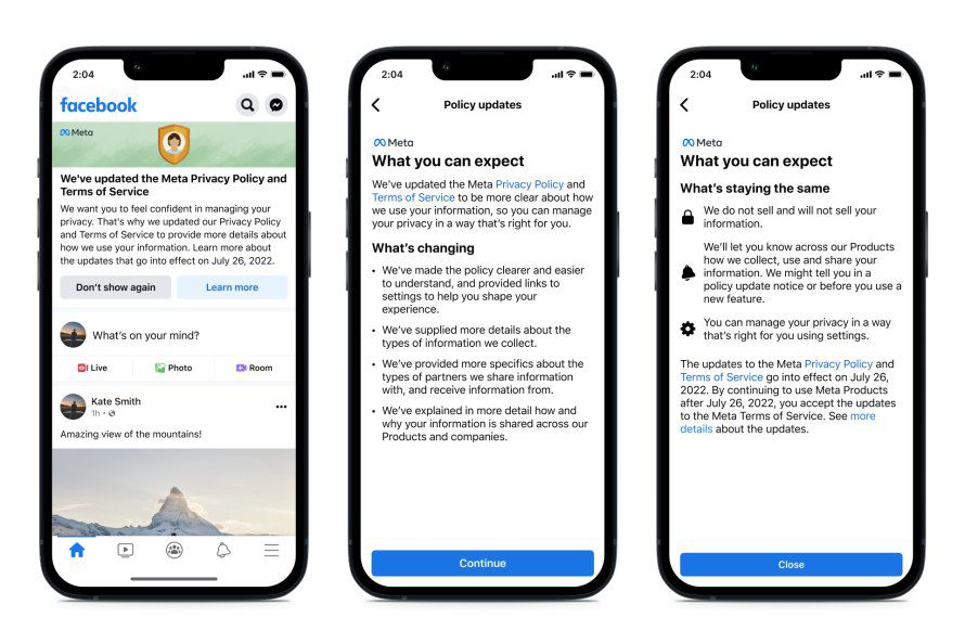 Notifications Facebook users will see about the new Terms of Service before they take effect on July 26th