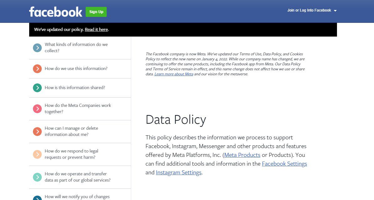 Facebook’s current data policy