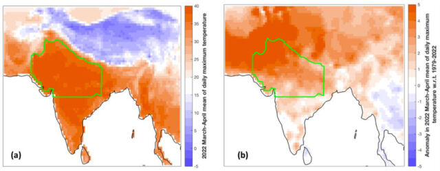 Average daily highs in Celsius across March and April (left) and how they compare to the 1979–2022 average (right). The area analyzed is outlined in green.