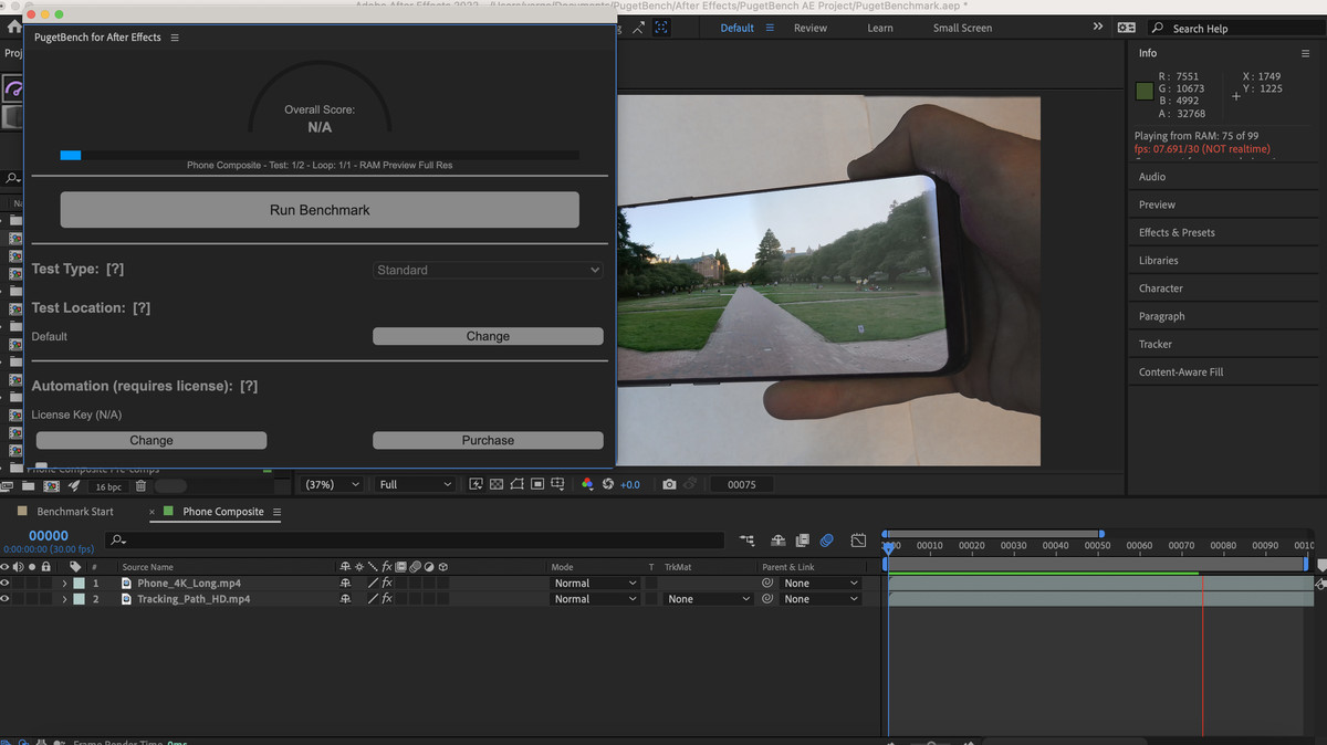 A screenshot of PugetBench for After Effects running on macOS.