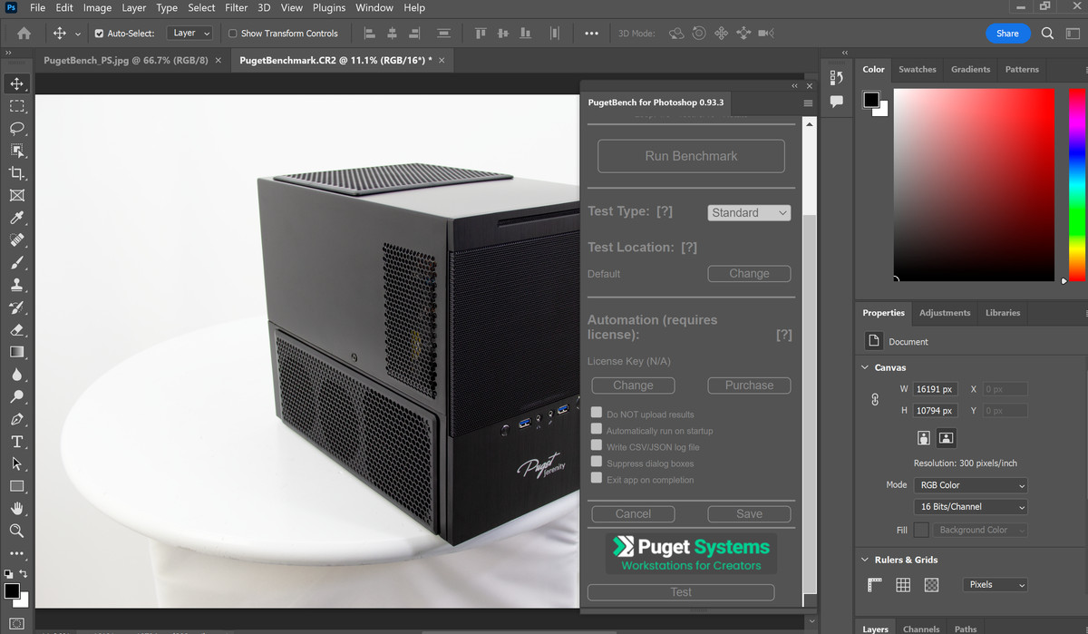 A screeshot of PugetBench for Photoshop running in Photoshop.
