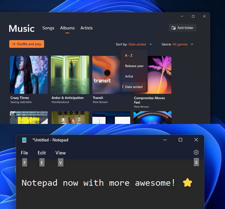 The Windows 11 Insider tests of Media Player with a “date added” sort option, and Notepad with support for keyboard access keys