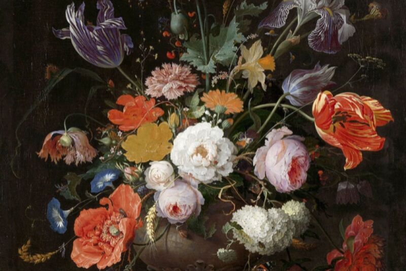 The pigments used to create the yellow rose in Abraham Mignon's <em>Still Life with Flowers and a Watch</em> have degraded, giving the rose a flatter appearance—the opposite of the 3D illusory effect intended by the artist.”><figcaption class=