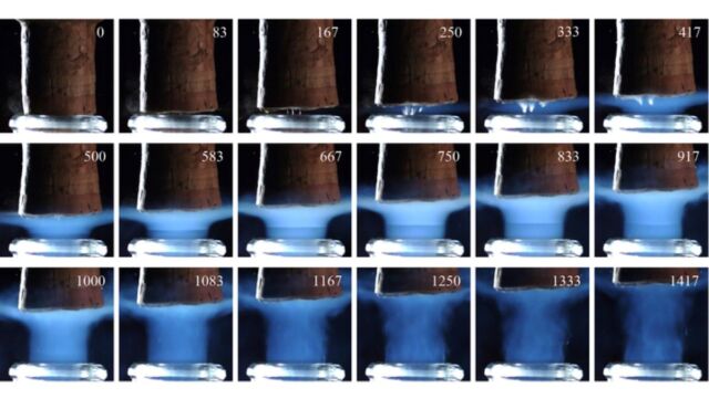 Time sequence showing details of a cork expelled from a champagne bottleneck stored at 20° Celsius captured through high-speed imaging.