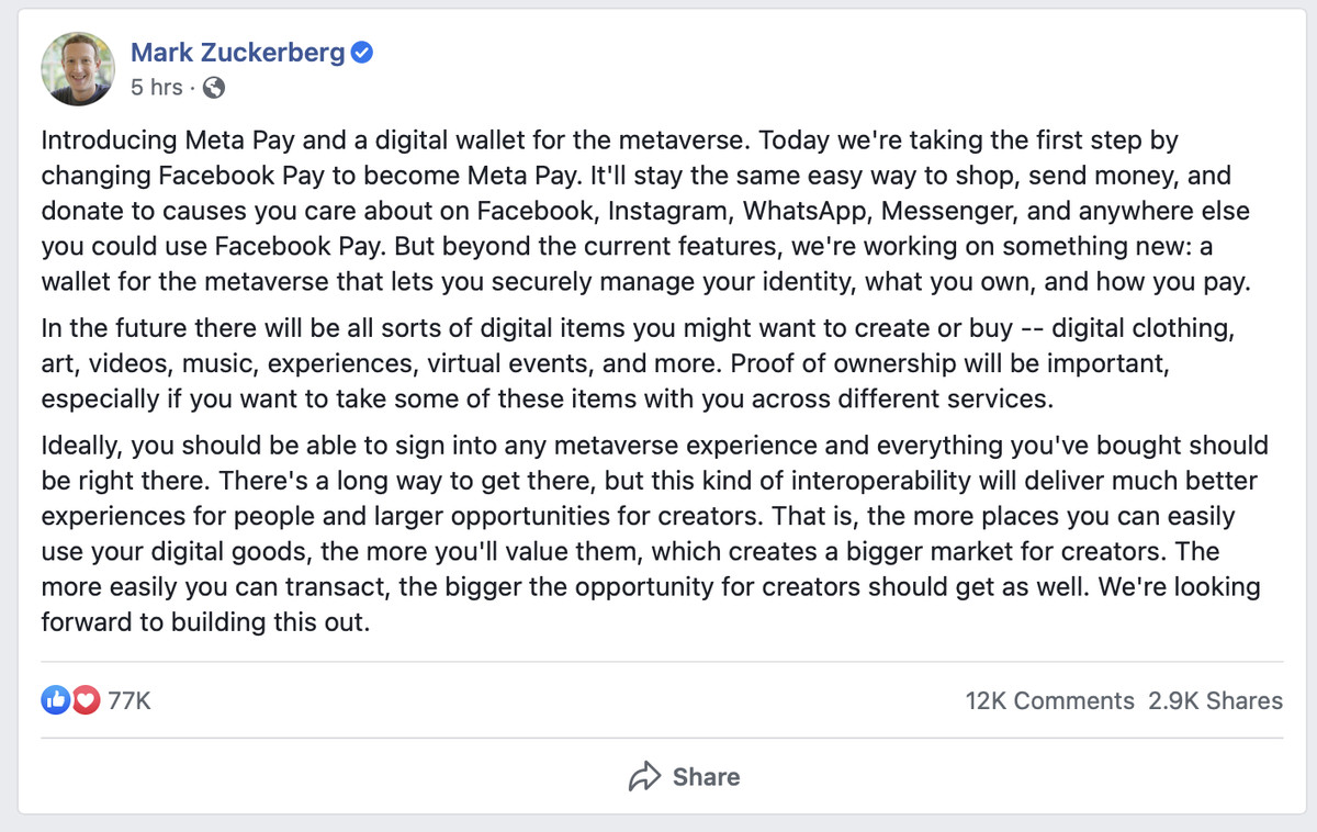 A Facebook post from Mark Zuckerberg, talking about the company’s plans for Meta Pay and a wallet for the metaverse.