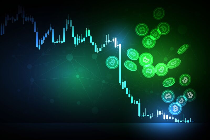 Illustration of cryptocurrency coins falling down, and a graph showing a declining value.