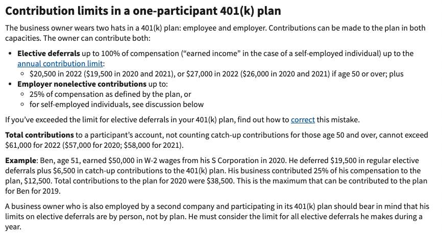 Contribution limits in a one-participant 401(k) plan