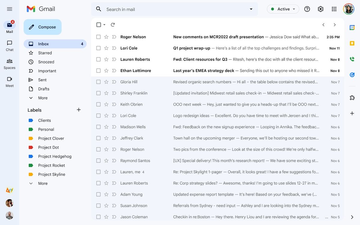 The new Gmail UI sets buttons for Gmail, Chat, Spaces, and Meet on one rail.