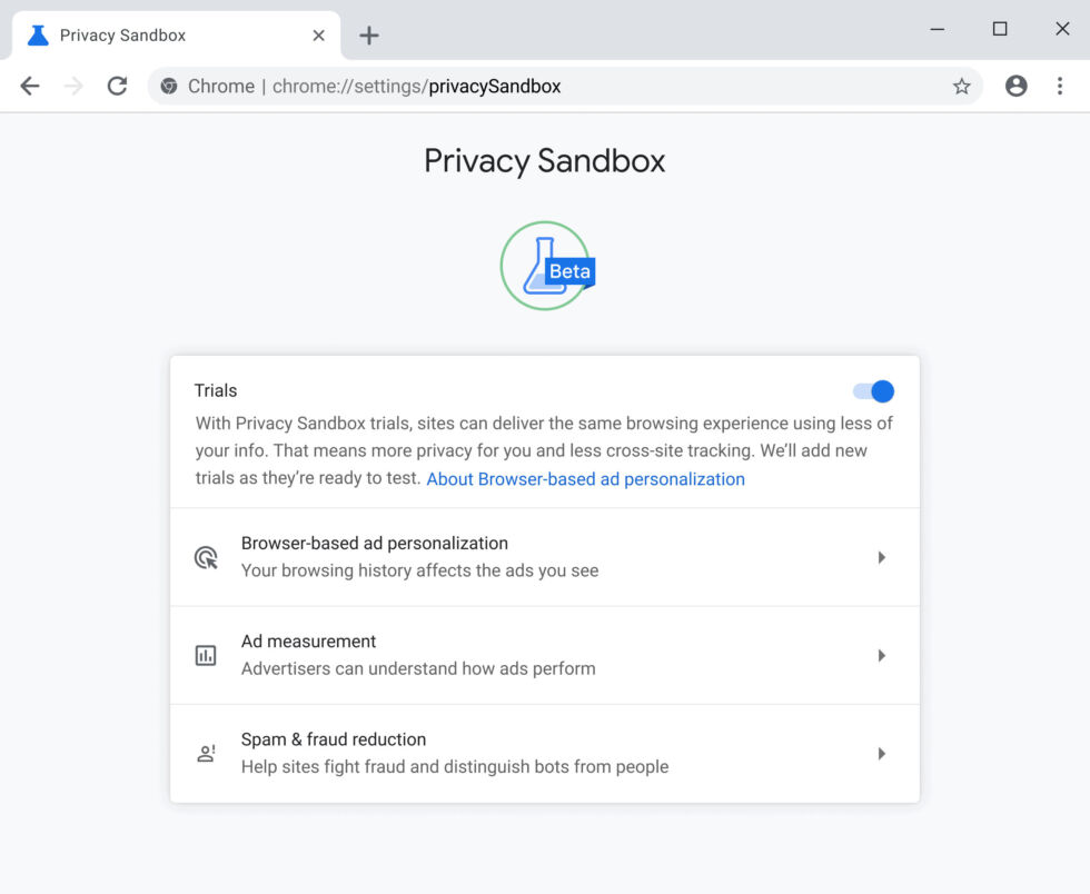 The "Privacy Sandbox" controls currently in testing for Chrome.