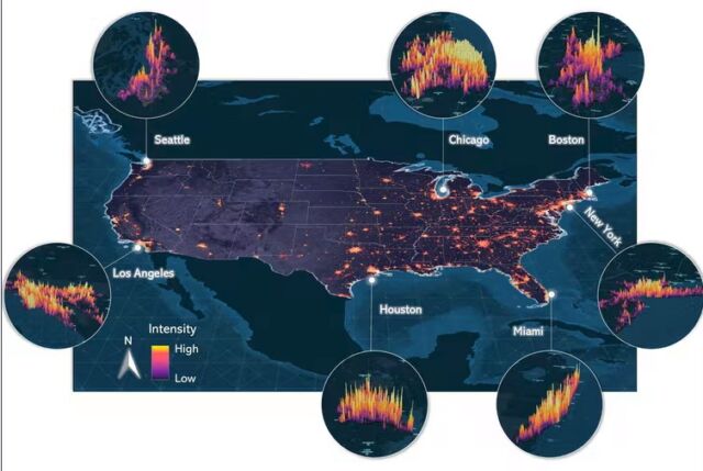 Urban light intensity varies among cities and among neighborhoods within cities.