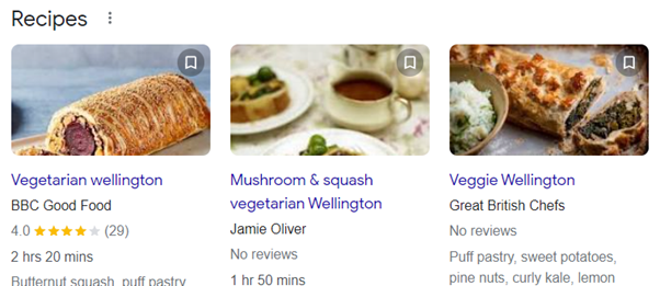 Recipe sites - Google search results - rich results