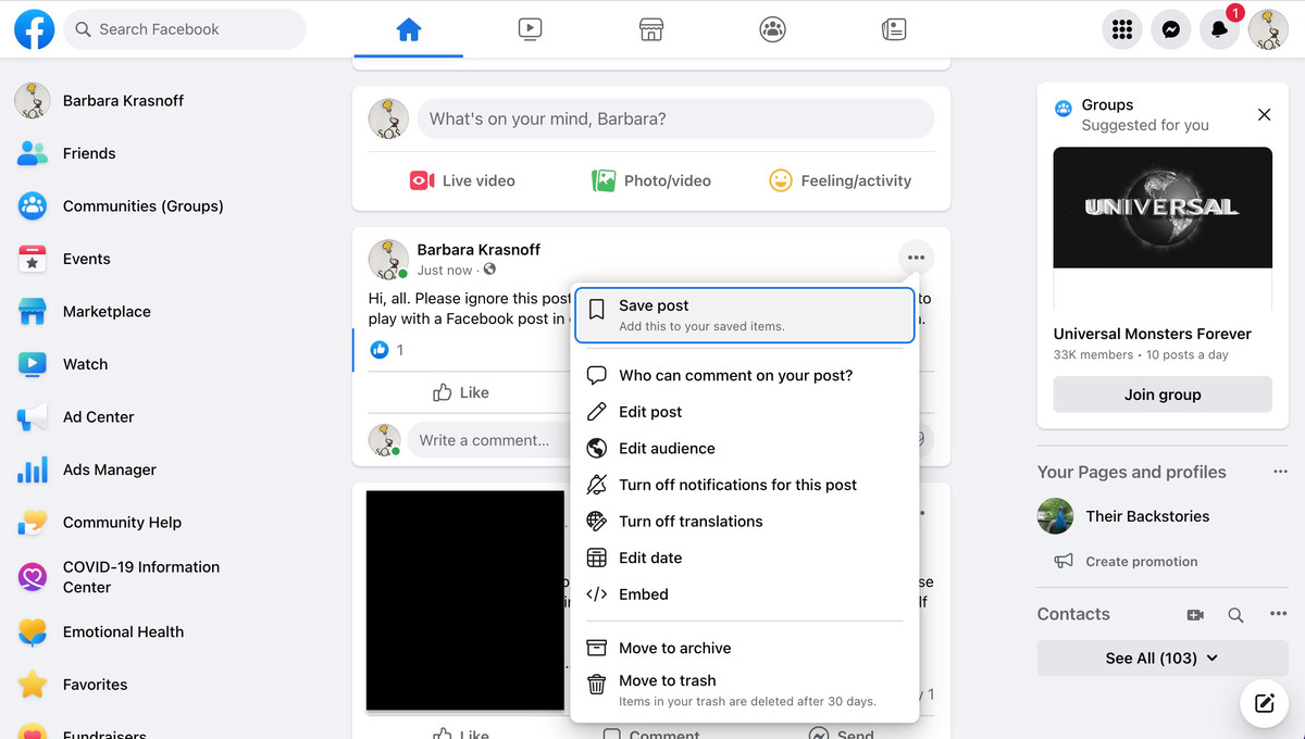 Facebook edit menu