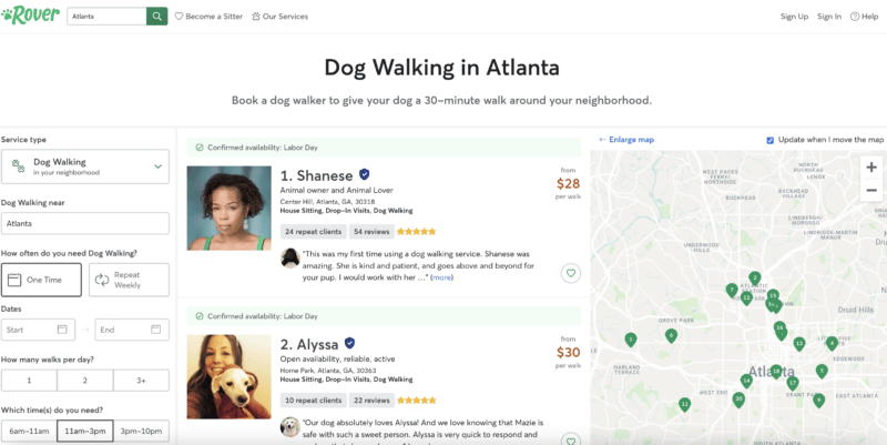 Rover.com landing page - Dog Walking in Atlanta