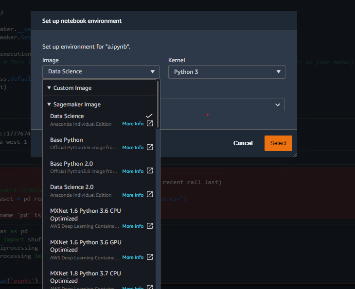 Examples of the different kernel containers available in Studio.