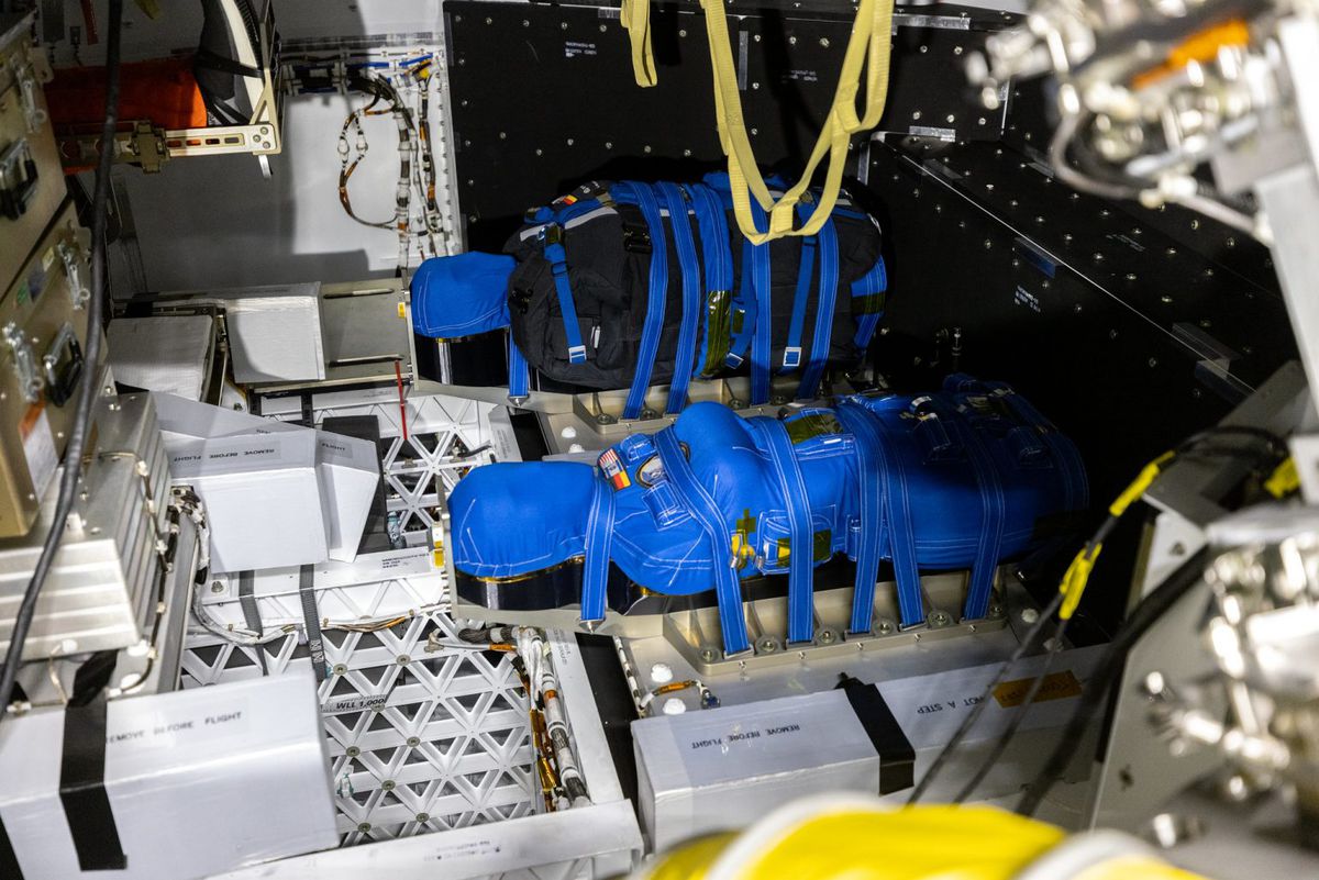 two blue limbless mannequins strapped to seats inside the orion capsule