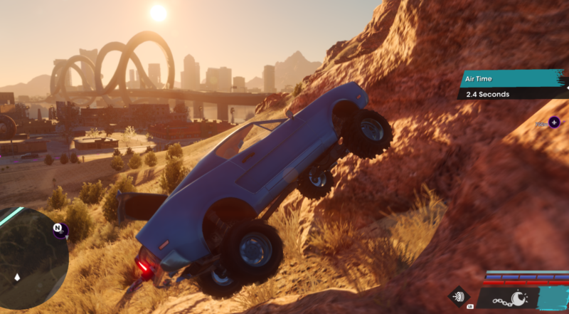 Catching air after glitch-colliding with a boulder is probably the <em>Saints Row</em> reboot’s most fun quality. That’s… not a good sign.”><figcaption class=