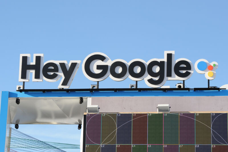 The lettering "Hey Google" on the Google pavillon at the CES consumer electronics show in Las Vegas in 2018. These words activate Google Assistant, Google's virtual personal assistant.