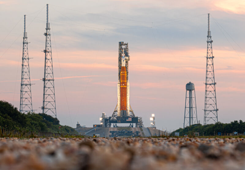 NASA's Space Launch System Rocket at LC-39B, preparing to lift off at 8:33 am ET on August 29th, 2022.