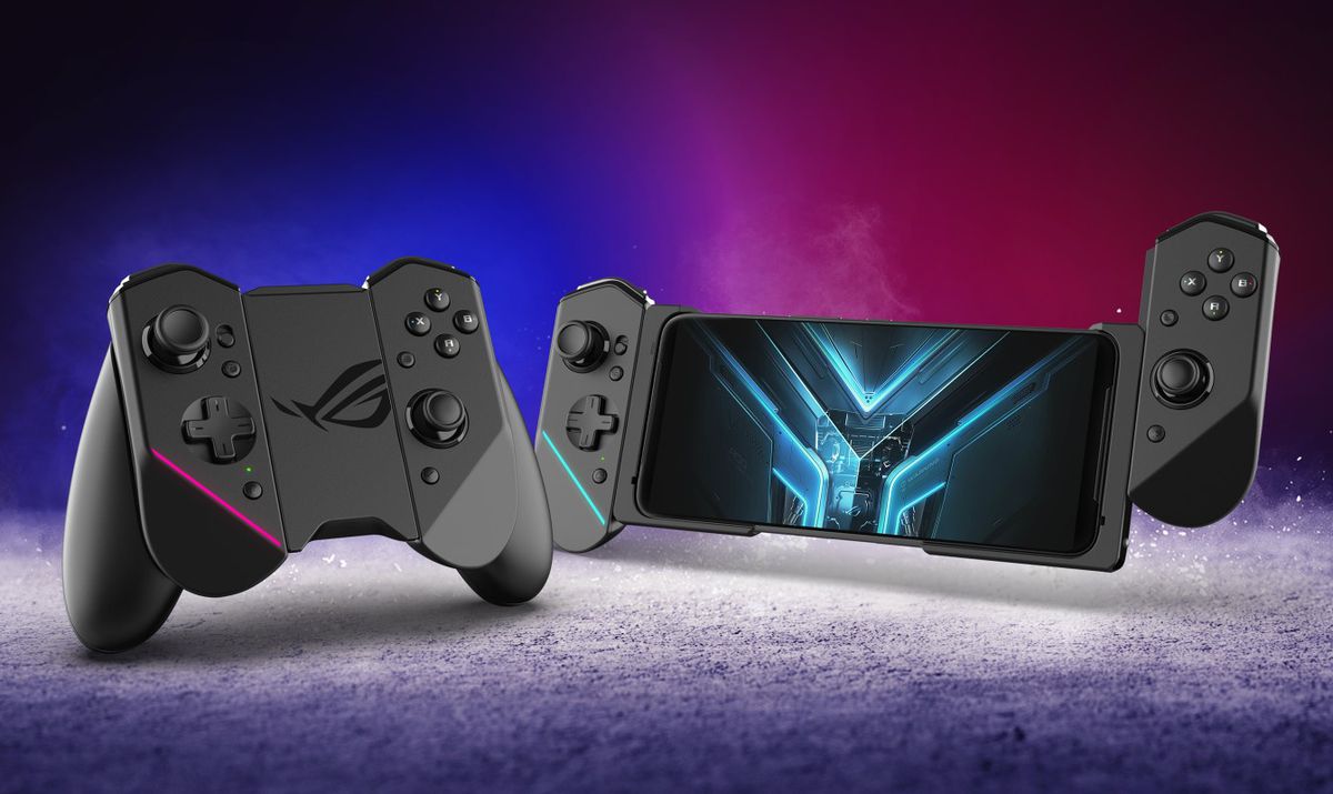 A product shot of the Asus ROG Kunai 3 controller, and Asus ROG Phone 6