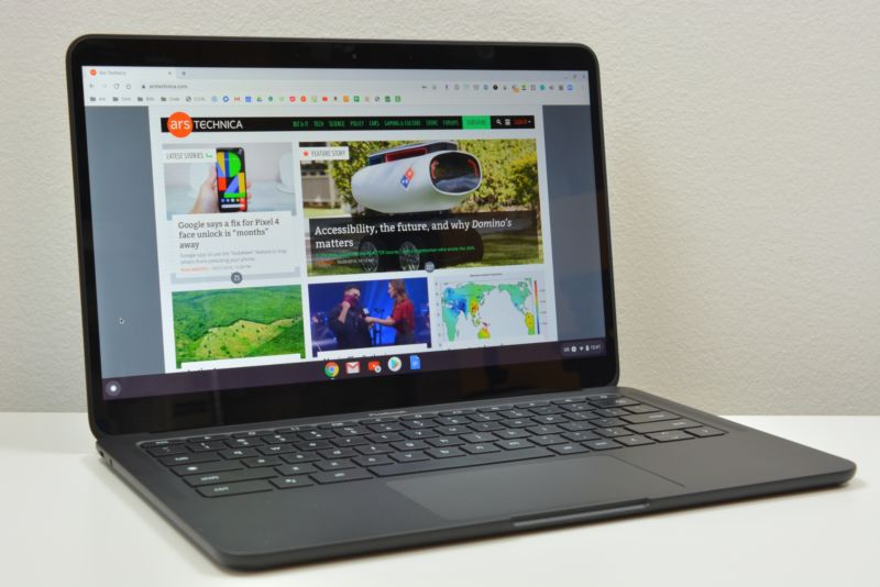 The Google Pixelbook Go laptop on a white table.