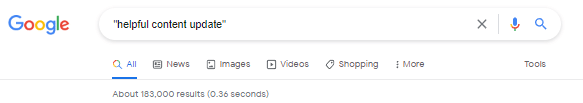 Google search for query "helpful content update" returns about 183,000 results.