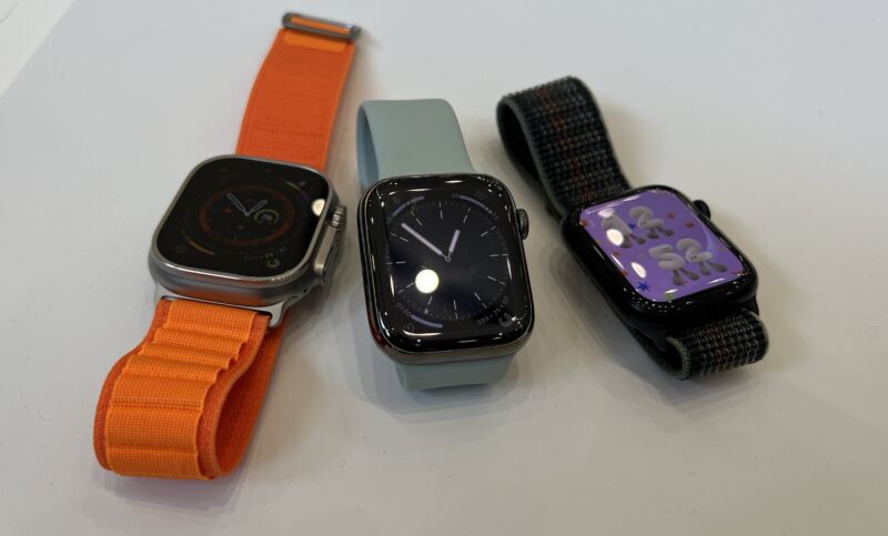 The 2022 Apple Watch lineup. From left to right: Apple Watch Ultra, Apple Watch Series 8, Apple Watch SE.