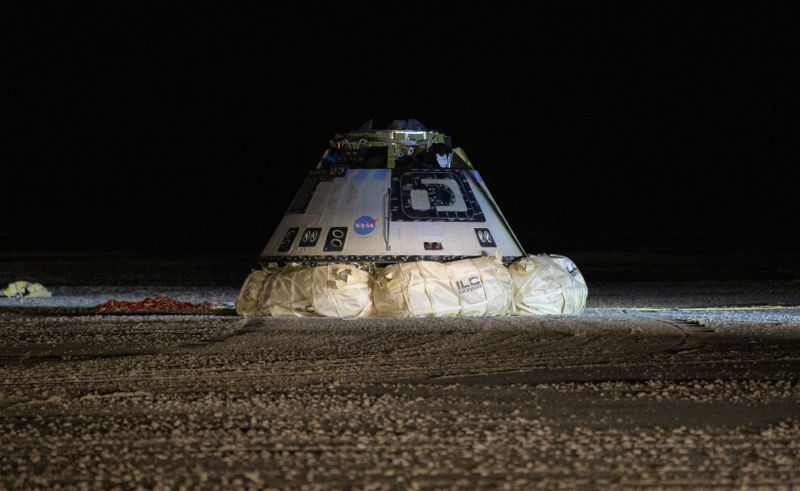 The Boeing CST-100 Starliner spacecraft is seen after it landed in White Sands, New Mexico, Sunday, Dec. 22, 2019. 