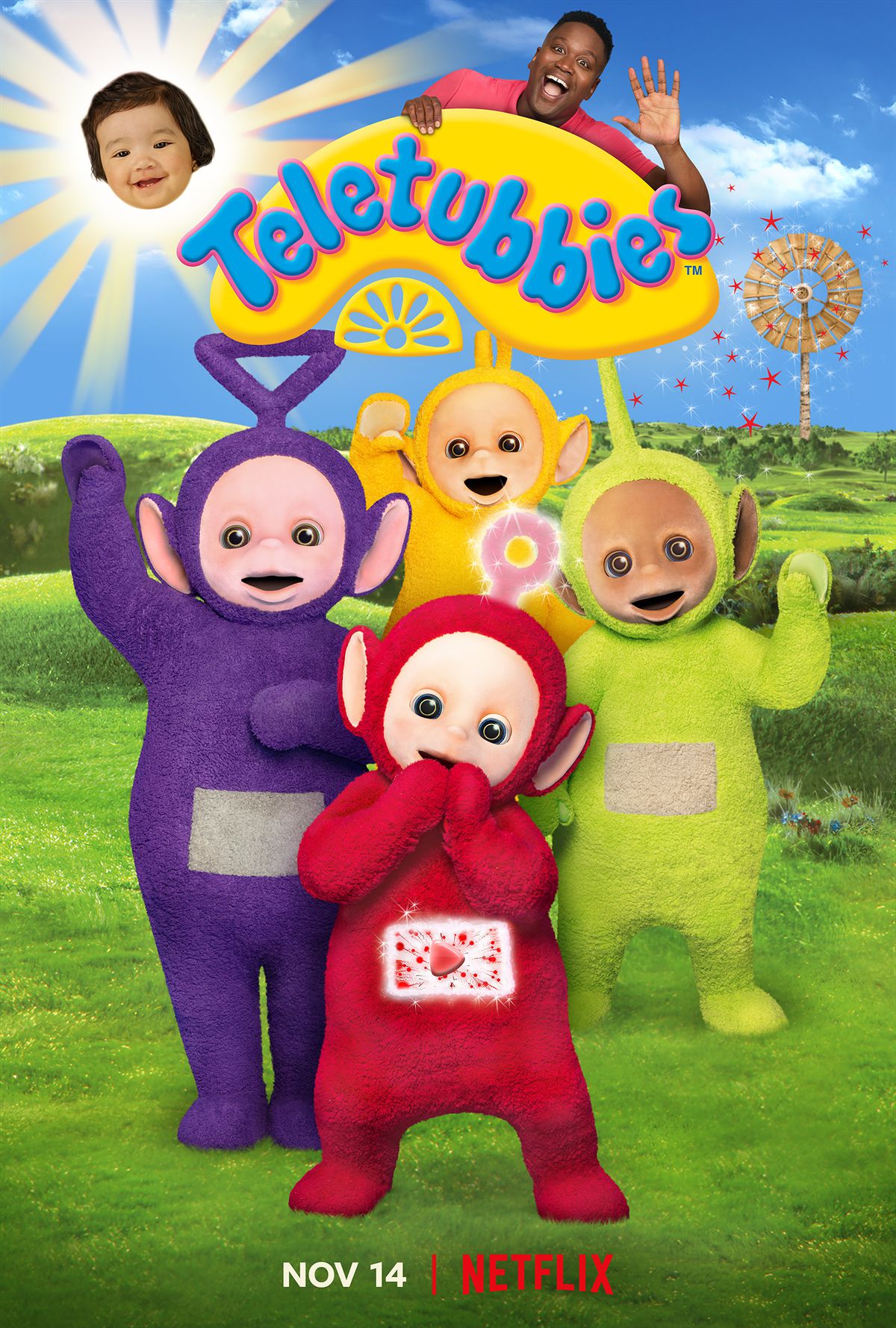 A group of aliens — one purple, one yellow, one green and one red, smiling and waving from a scenic vista as a sun with a face and a man smile down on them from above.