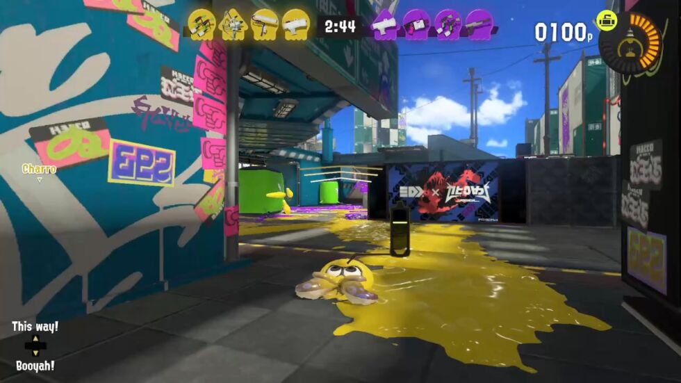 In online matches, lay down ink of your team's color to claim "turf." This color is doubly useful because you can transform into a squid at any time, then swim through your color of ink to both refill ammo and move faster.