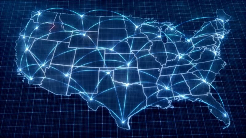 Illustration of a US map with crisscrossing lines representing a broadband network.