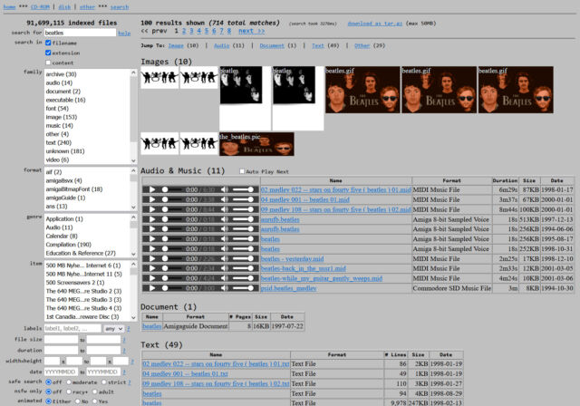 Searching for "Beatles" on Discmaster returns images, sounds you can hear, and documents you can read.