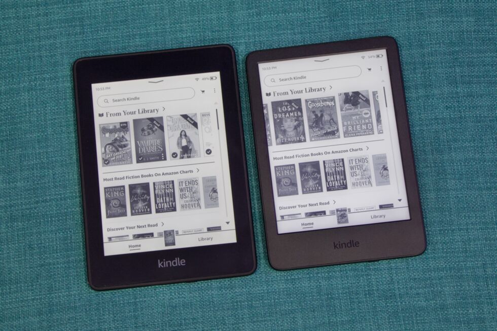 The new Kindle (right) has the same screen size and resolution as older Paperwhites (left), but it's noticeably smaller and lighter.