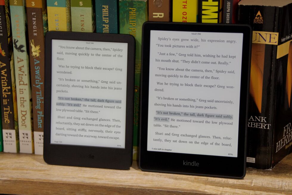 It's hard to tell in photos, but aside from its size, the front light on the new Kindle is bluer and less even than the one in the Paperwhite (right). That's noticeable even before you start using the newest Paperwhite's warm light feature.