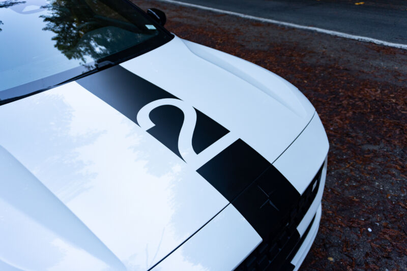 You can tell this Polestar 2 is a bit more special than most Polestar 2s by the great big stripe and the large number two.